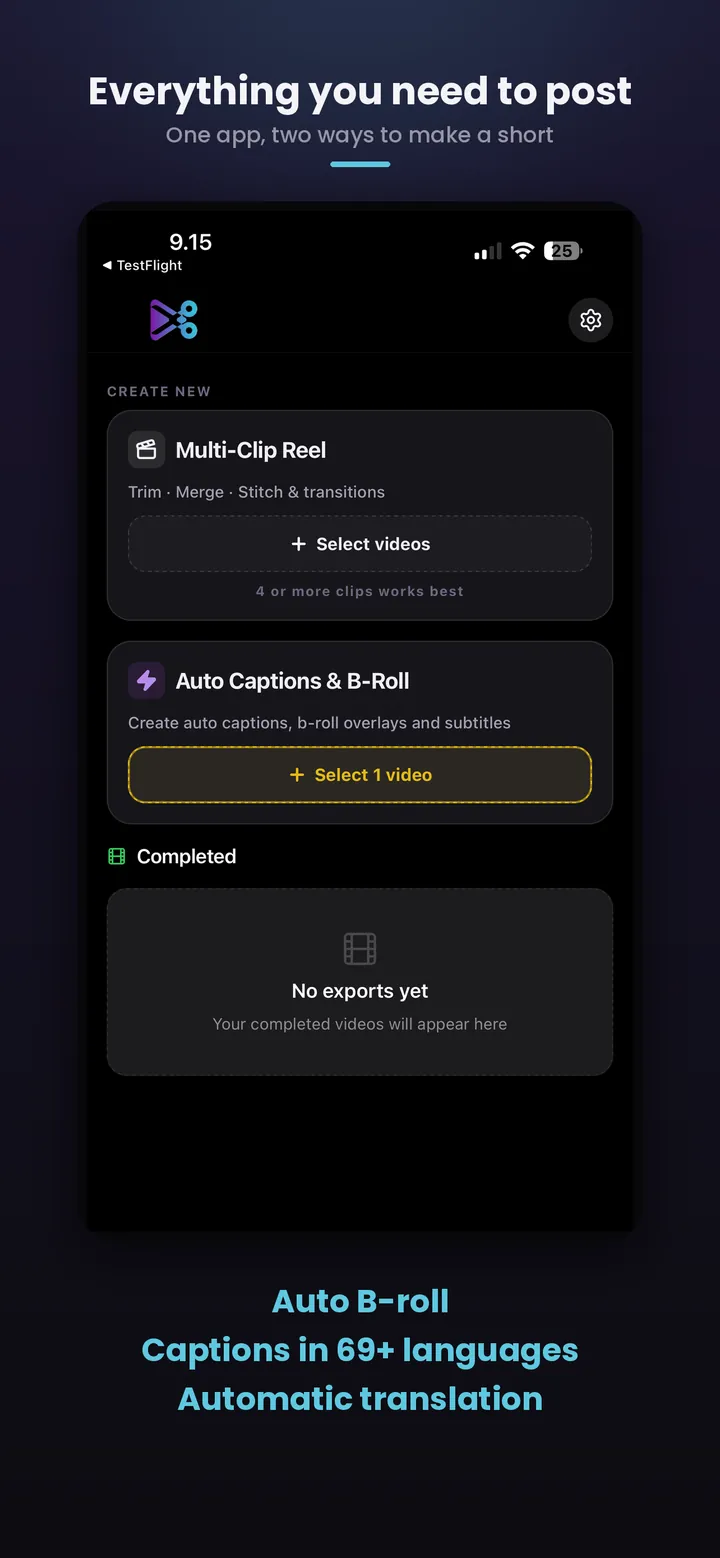 Everything you need to post: KatKut AI home screen with Multi-Clip Reel and Auto Captions & B-Roll tools; auto B-roll, captions in 69 languages, automatic translation