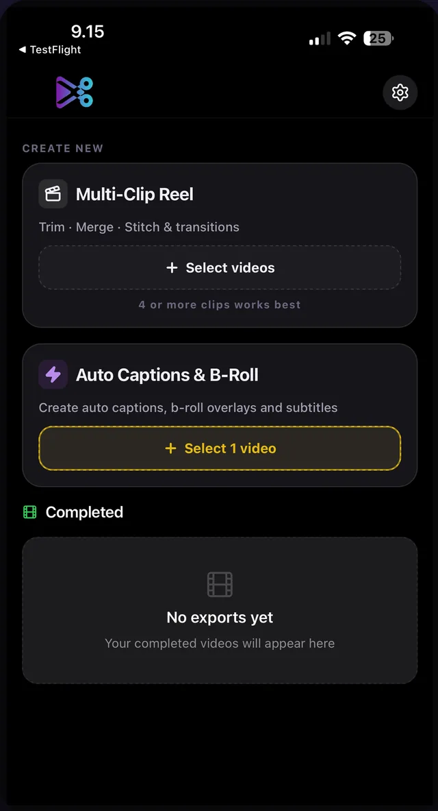 KatKut AI home screen with two tools: Multi-Clip Reel and Auto Captions & B-Roll, the latter highlighted with a Select 1 video button