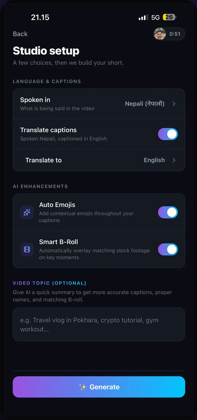 Studio setup screen: Spoken in Nepali, Translate captions switched on with Translate to English, Auto Emojis and Smart B-Roll toggles, an optional video topic field and a Generate button