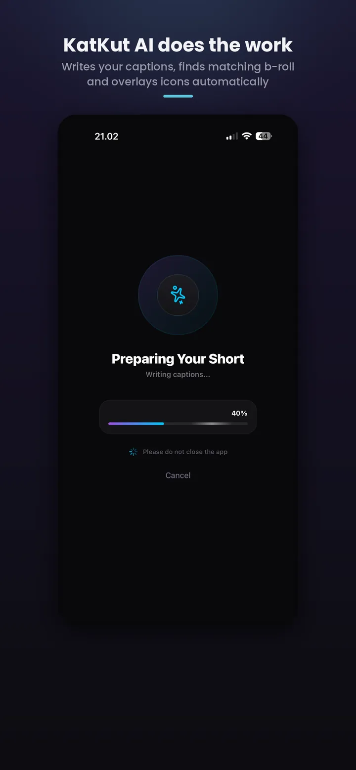 KatKut AI does the work: processing screen writing captions, finding matching B-roll and overlaying icons automatically