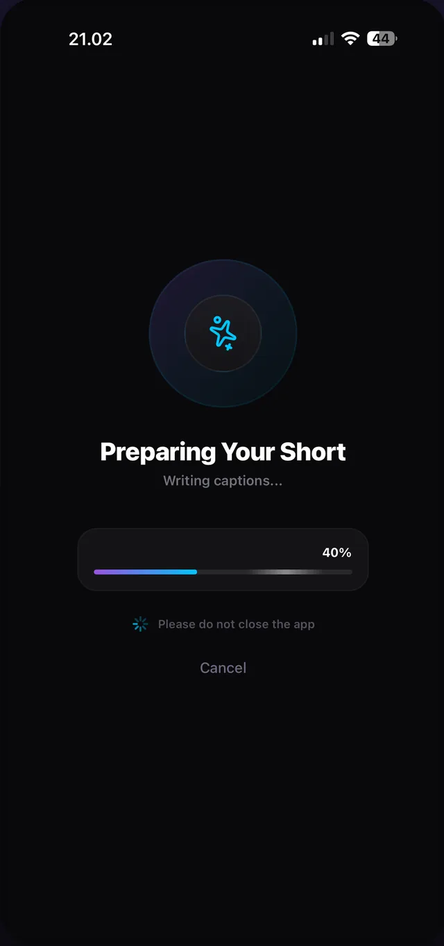 Studio processing screen titled Preparing Your Short, currently writing captions, with a progress bar at 40 percent