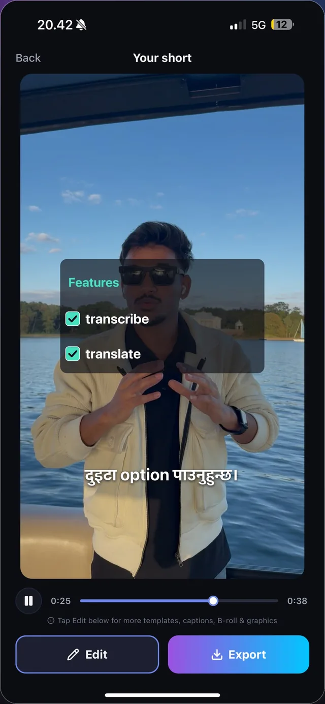 A KatKut AI short with a Features checklist graphic, ticking transcribe and translate, drawn over the video as each item is said