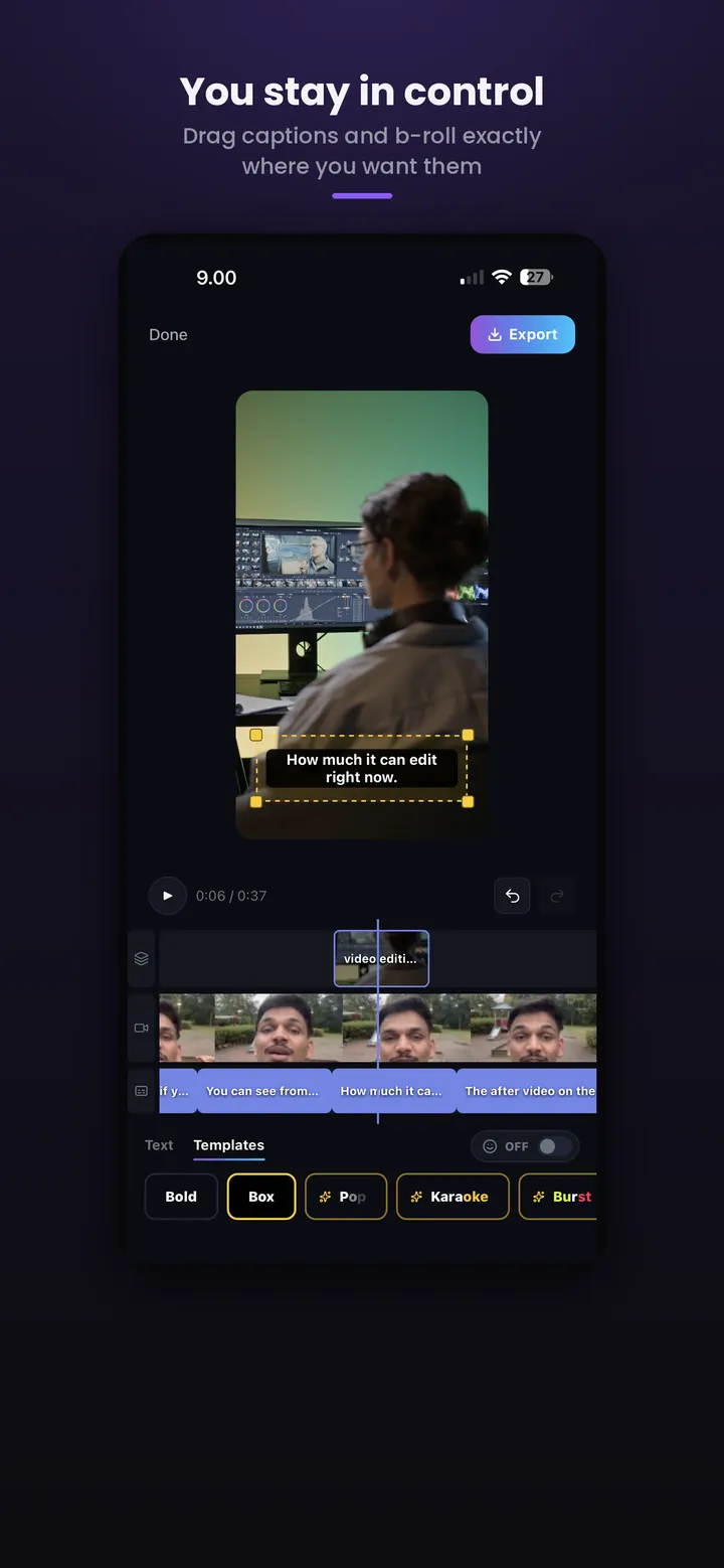 You stay in control: Studio Editor timeline where captions and B-roll can be dragged exactly where you want them