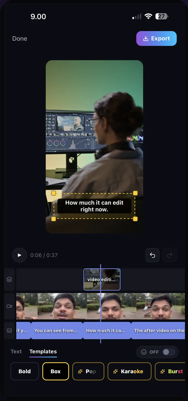 KatKut AI Studio Editor: a captioned talking-head video in the preview with a B-roll clip, the source filmstrip and caption blocks on the timeline below, and caption style templates along the bottom