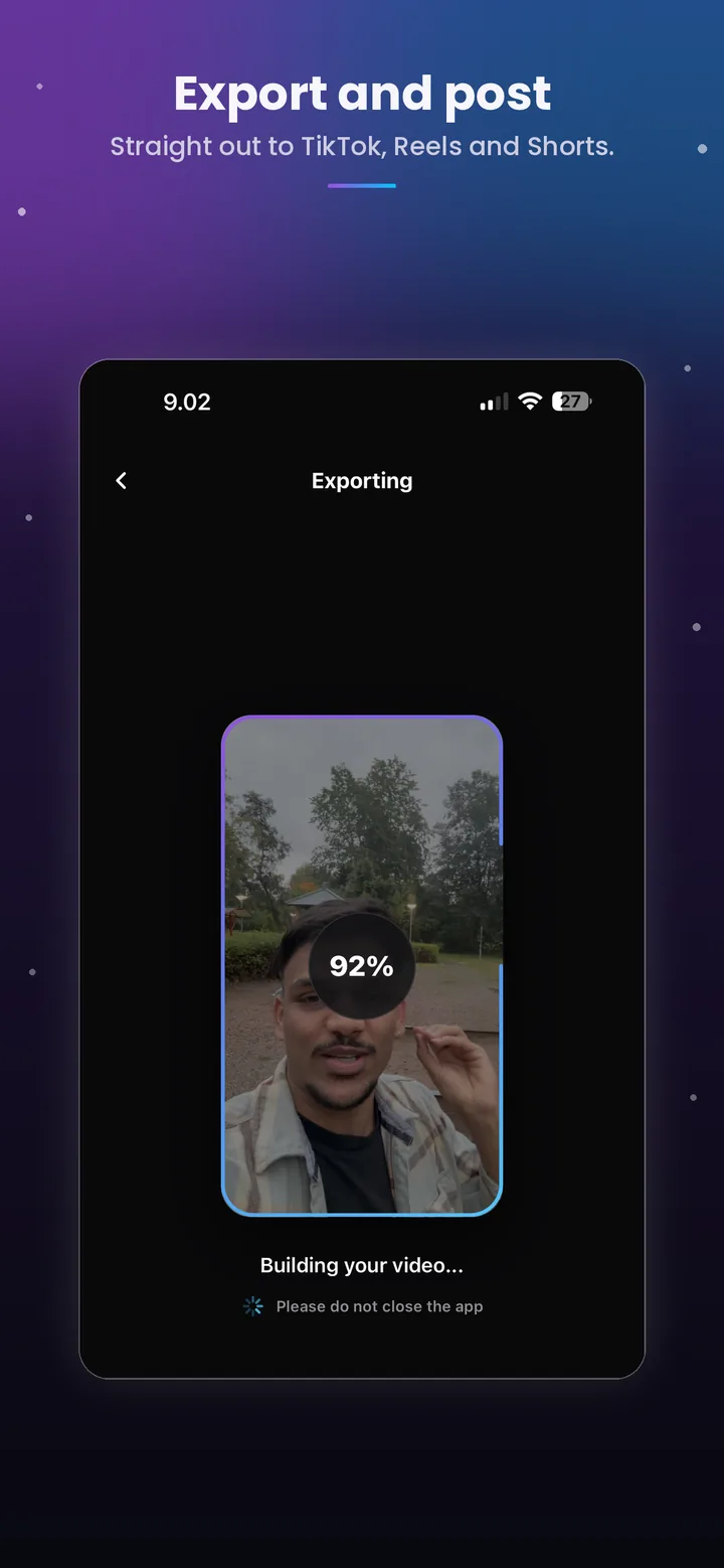Export and post: the video renders on your phone, ready for TikTok, Reels and Shorts