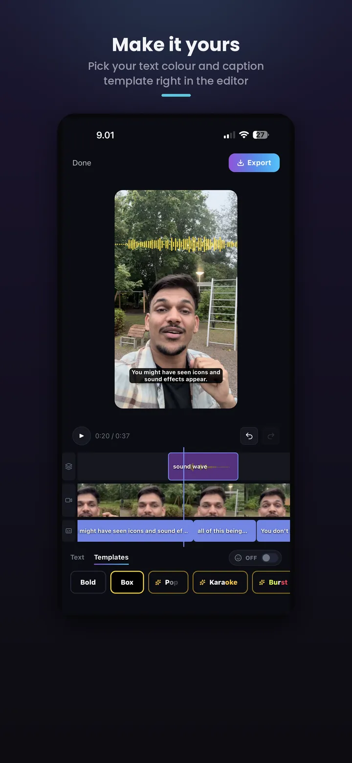 Make it yours: pick text colour and caption template right in the editor