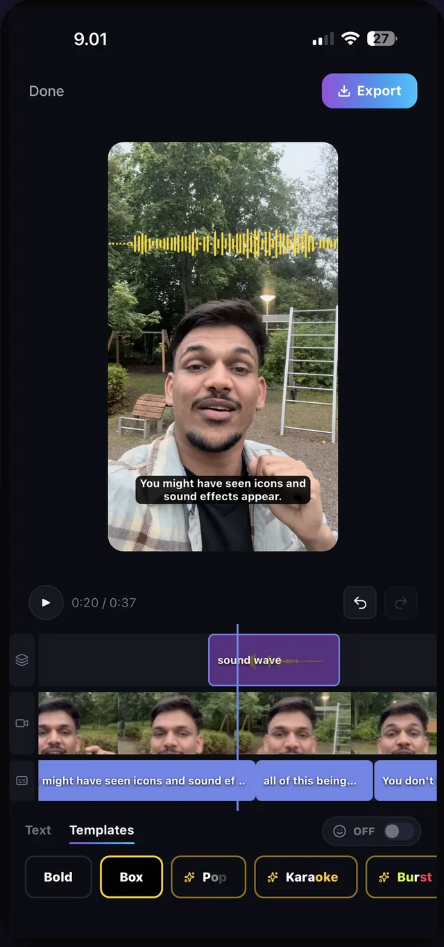 Studio Editor with a sound-wave sticker overlay on the video, a caption reading You might have seen icons and sound effects appear, and the template picker showing Bold, Box, Pop, Karaoke and Burst