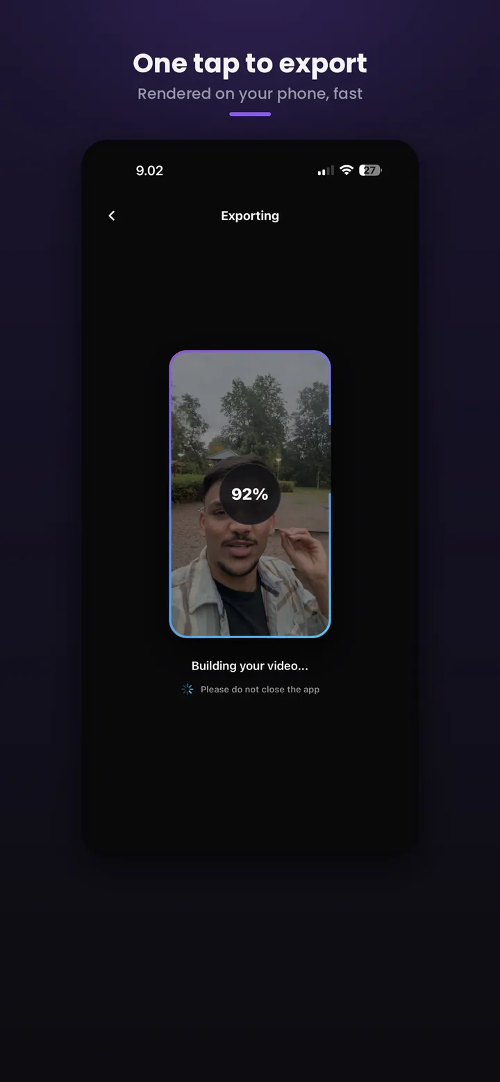 One tap to export: video rendering on the phone at 92 percent
